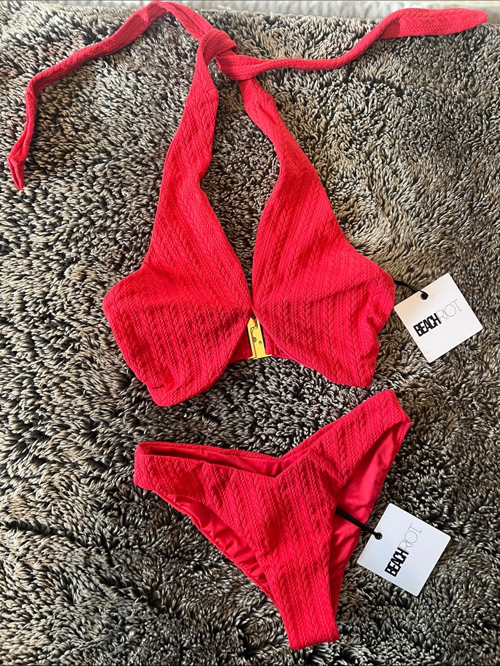 Beach Riot Red Textured Halter Bikini Set